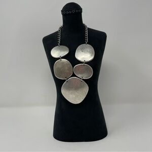 Chicos Women's Statement Necklace Distressed Silver Tone Large Disc Adjustable